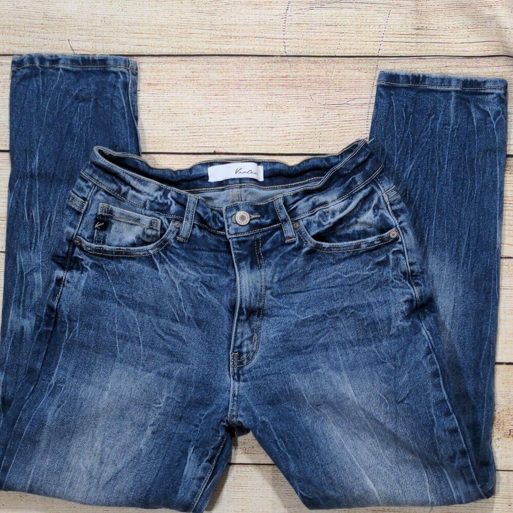 Kancan Women‎ Junior Mid Rise Mom Jeans Acid Wash Dark Denim Size 3/25